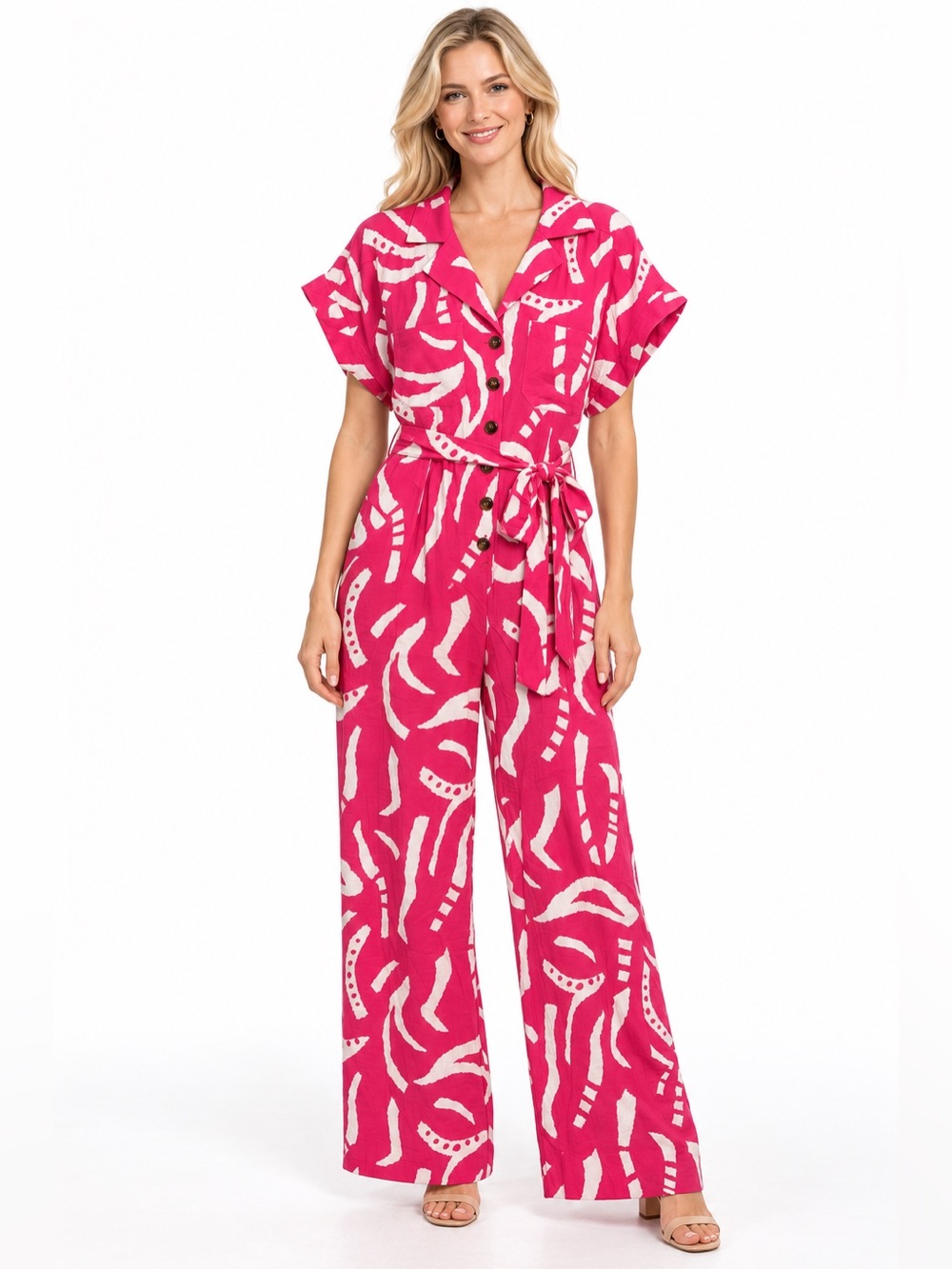 Entro NWT Size Medium Women's Pink Printed Button-Front Jumpsuit with Tie Waist